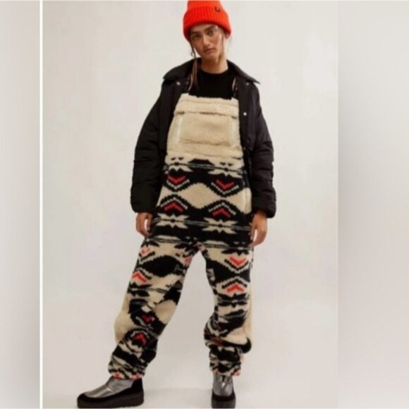Free People Movement Hit The Slopes Salopette Fleece Overalls Fairisle Small New - Picture 1 of 8